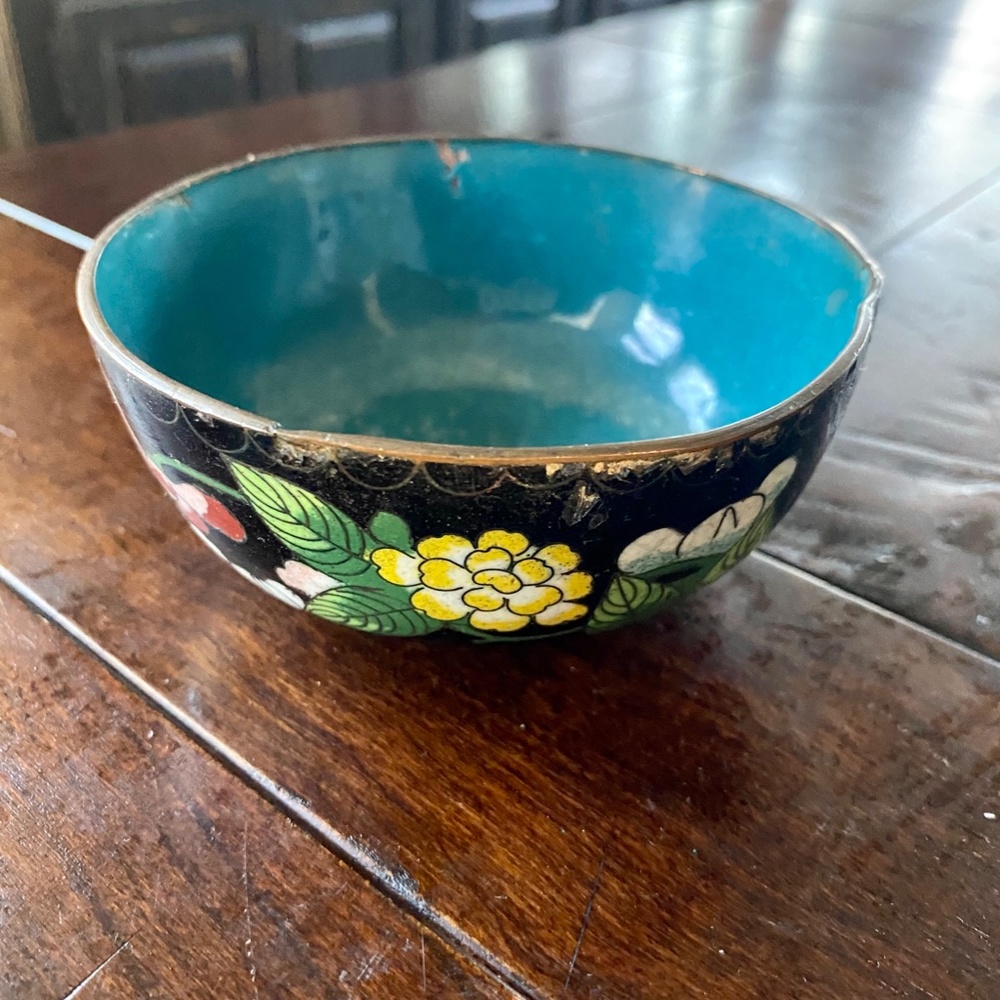 Vintage Chinese Cloisonne Enamel Trinket Floral Bowl